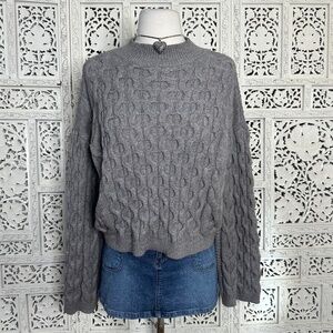 Anthropologie Gray Chunky Knit Mockneck Bell Sleeve Cropped Sweater Sz Small